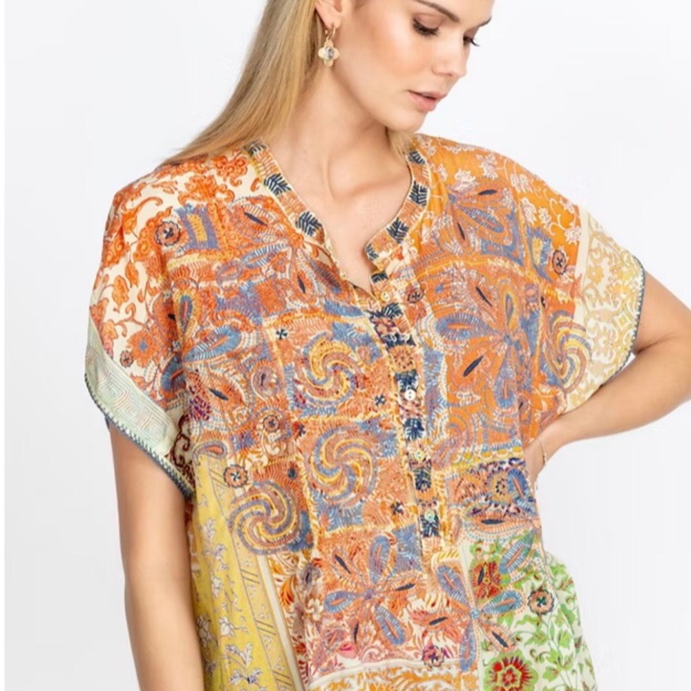 JOHNNY WAS PRIMA EMBROIDERED SILK BOHO TOP SIZE MEDIUM